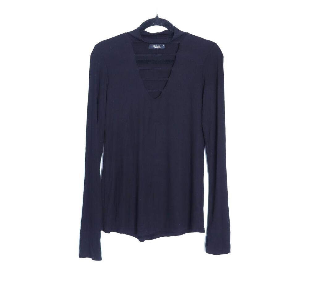 MICHAEL LAUREN V Neck Caged Ribbed Knit Top Black Long Sleeve Women's S